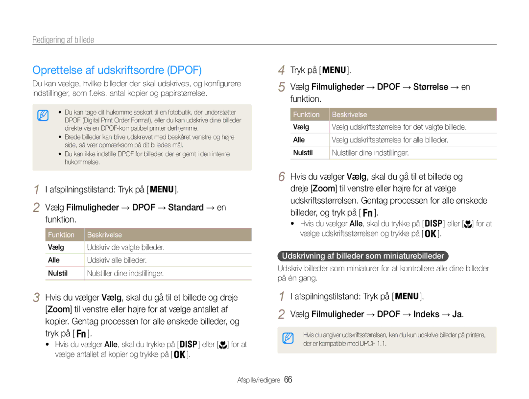 Samsung EC-ST65ZZBPEE2 Oprettelse af udskriftsordre Dpof, Tryk på Vælg Filmuligheder → Dpof → Størrelse → en Funktion 