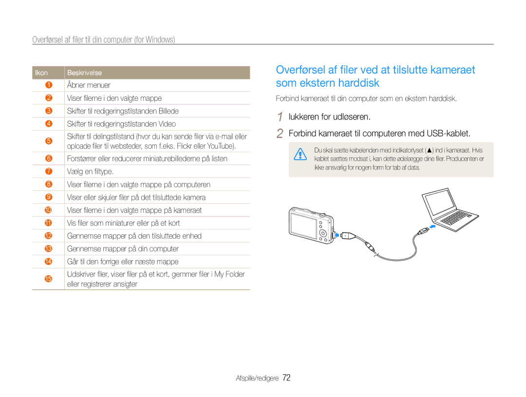 Samsung EC-ST65ZZBPSE2, EC-ST65ZZBPRE2, EC-ST65ZZBPUE2 manual Forbind kameraet til din computer som en ekstern harddisk 