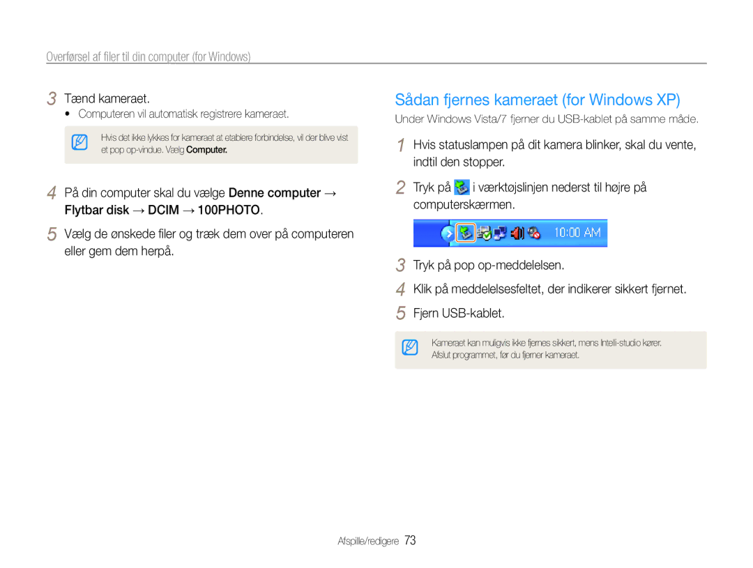 Samsung EC-ST65ZZBPUE2, EC-ST65ZZBPRE2, EC-ST65ZZBPSE2 manual Sådan fjernes kameraet for Windows XP, Fjern USB-kablet 