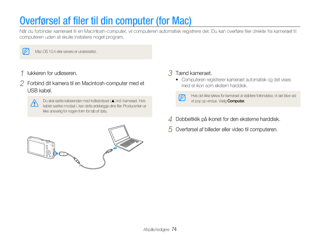 Samsung EC-ST65ZZBPEE2, EC-ST65ZZBPRE2, EC-ST65ZZBPSE2, EC-ST65ZZBPUE2 manual Overførsel af filer til din computer for Mac 