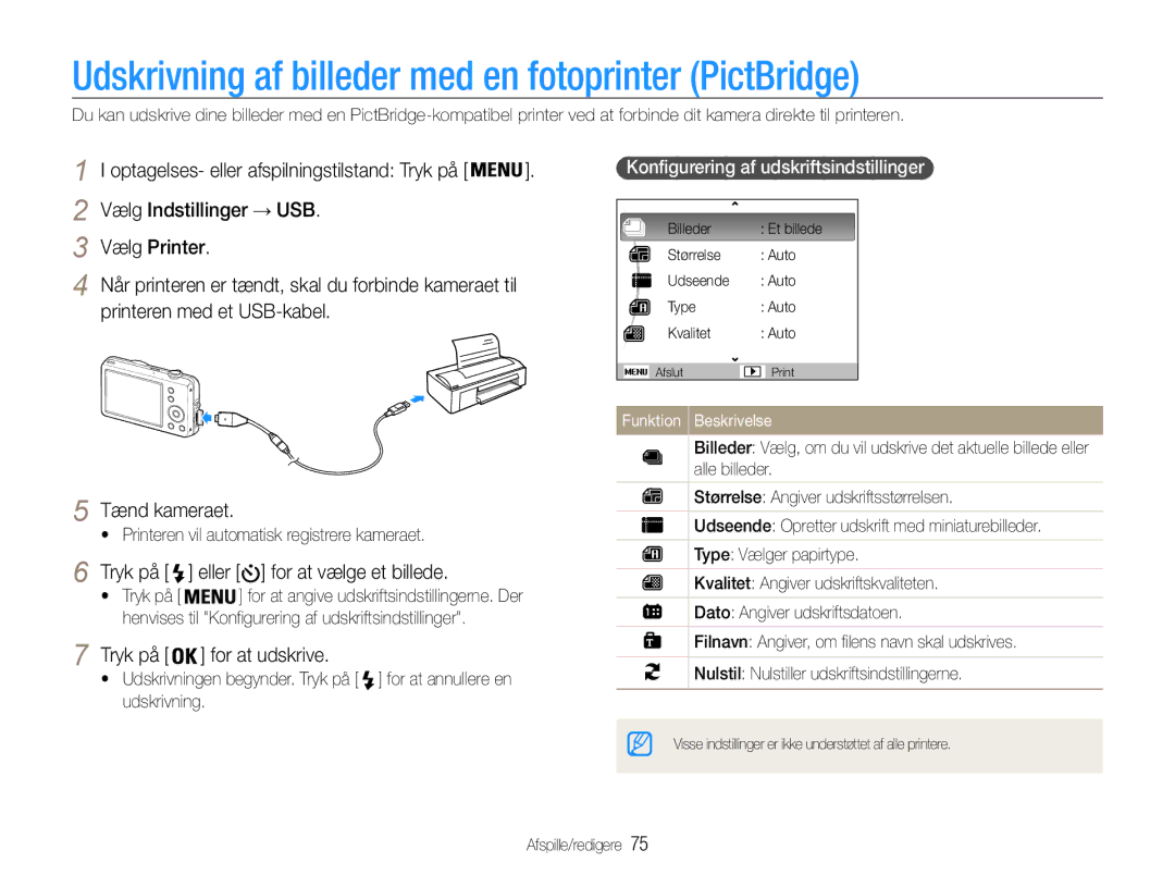 Samsung EC-ST65ZZBPRE2 manual Udskrivning af billeder med en fotoprinter PictBridge, Vælg Indstillinger → USB Vælg Printer 