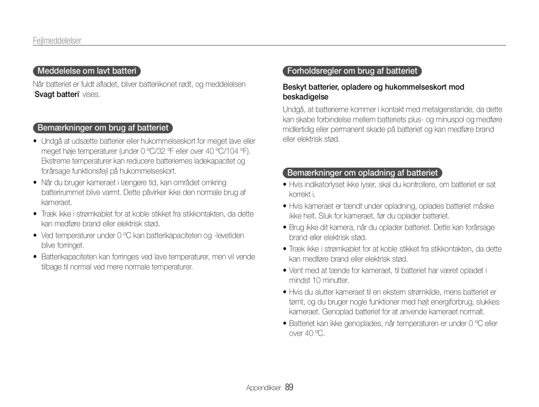 Samsung EC-ST65ZZBPUE2 Meddelelse om lavt batteri, Bemærkninger om brug af batteriet, Forholdsregler om brug af batteriet 