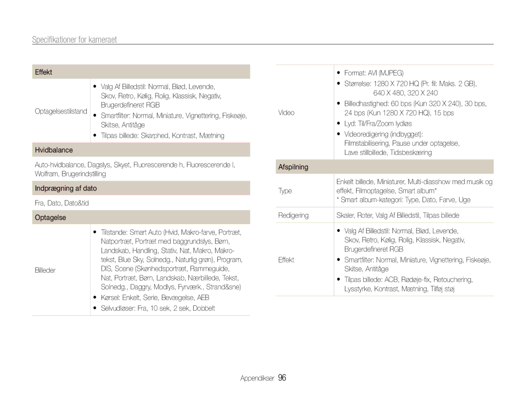 Samsung EC-ST65ZZBPSE2, EC-ST65ZZBPRE2, EC-ST65ZZBPUE2, EC-ST65ZZBPEE2 manual Specifikationer for kameraet 