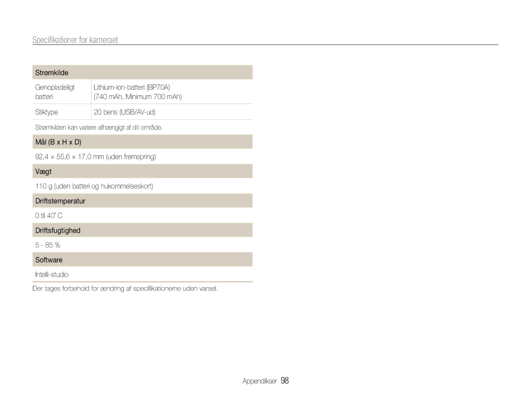 Samsung EC-ST65ZZBPEE2, EC-ST65ZZBPRE2, EC-ST65ZZBPSE2, EC-ST65ZZBPUE2 manual Strømkilden kan variere afhængigt af dit område 