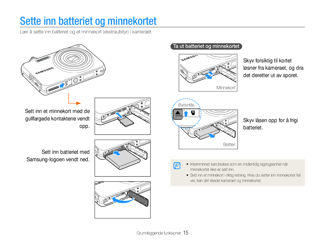 Samsung EC-ST65ZZBPRE2, EC-ST65ZZBPSE2 manual Sette inn batteriet og minnekortet, Skyv låsen opp for å frigi batteriet 