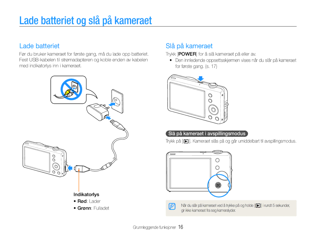 Samsung EC-ST65ZZBPSE2, EC-ST65ZZBPRE2 manual Lade batteriet og slå på kameraet, Slå på kameraet i avspillingsmodus 