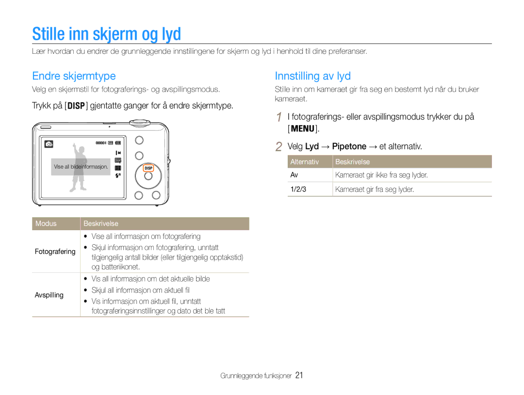 Samsung EC-ST65ZZBPUE2, EC-ST65ZZBPRE2, EC-ST65ZZBPSE2 manual Stille inn skjerm og lyd, Endre skjermtype, Innstilling av lyd 