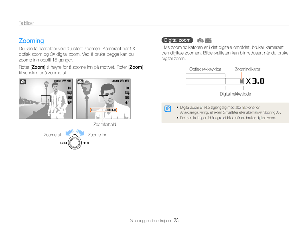 Samsung EC-ST65ZZBPRE2, EC-ST65ZZBPSE2 manual Zooming, Ta bilder, Digital zoom, Zoome ut Zoome inn, Digital rekkevidde 