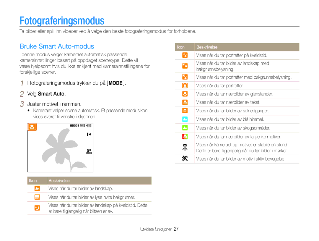 Samsung EC-ST65ZZBPRE2 manual Fotograferingsmodus, Bruke Smart Auto-modus, Velg Smart Auto Juster motivet i rammen 