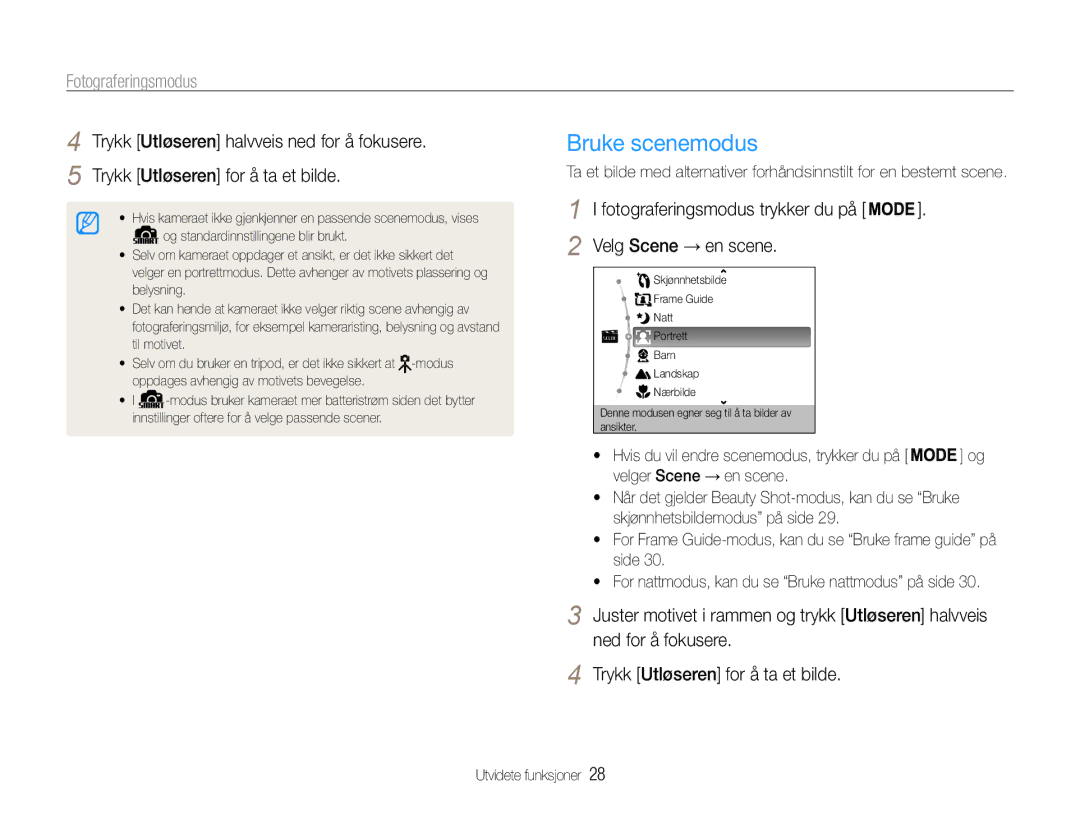 Samsung EC-ST65ZZBPSE2, EC-ST65ZZBPRE2, EC-ST65ZZBPUE2 manual Bruke scenemodus, Fotograferingsmodus, Velg Scene → en scene 