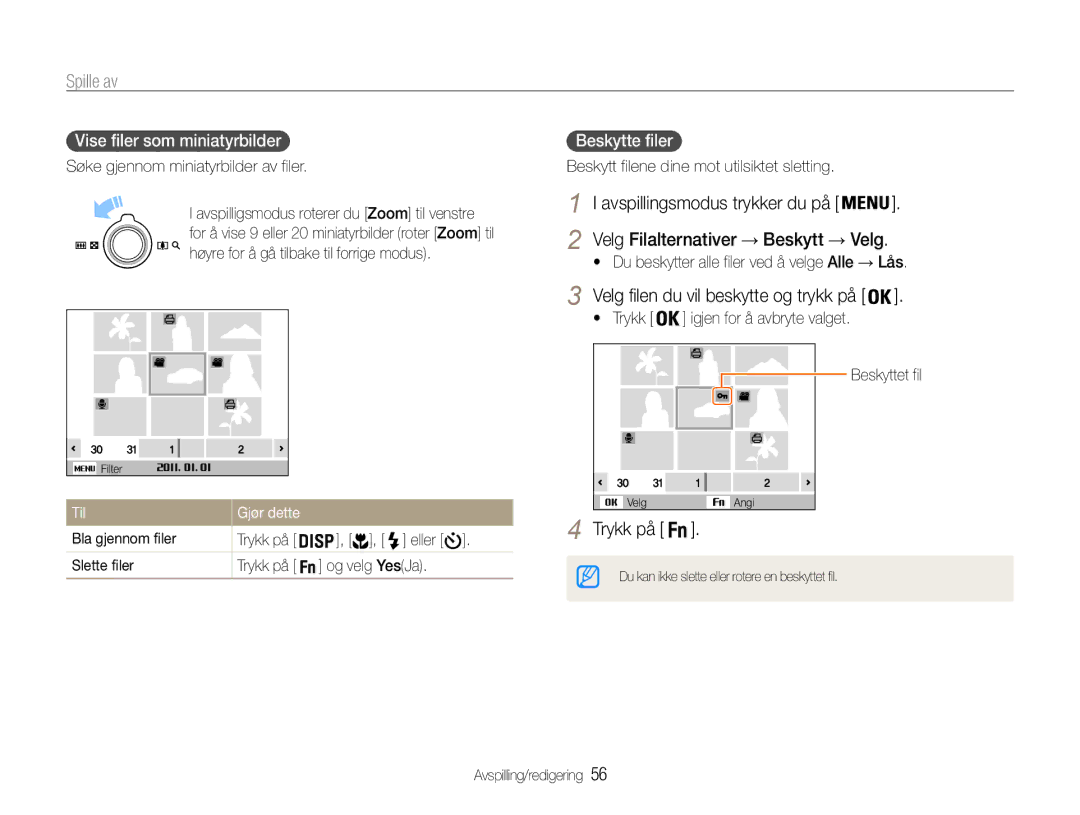 Samsung EC-ST65ZZBPSE2 manual Avspillingsmodus trykker du på, Vise filer som miniatyrbilder, Beskytte filer, Til Gjør dette 