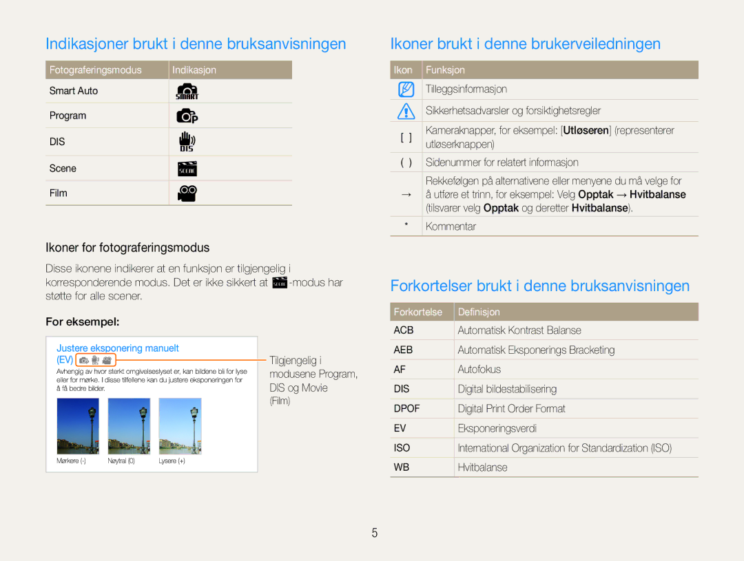 Samsung EC-ST65ZZBPUE2 manual Indikasjoner brukt i denne bruksanvisningen, Ikoner brukt i denne brukerveiledningen 