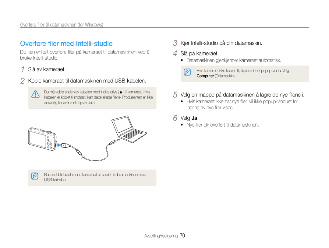 Samsung EC-ST65ZZBPEE2 manual Overføre filer med Intelli-studio, Kjør Intelli-studio på din datamaskin Slå på kameraet 