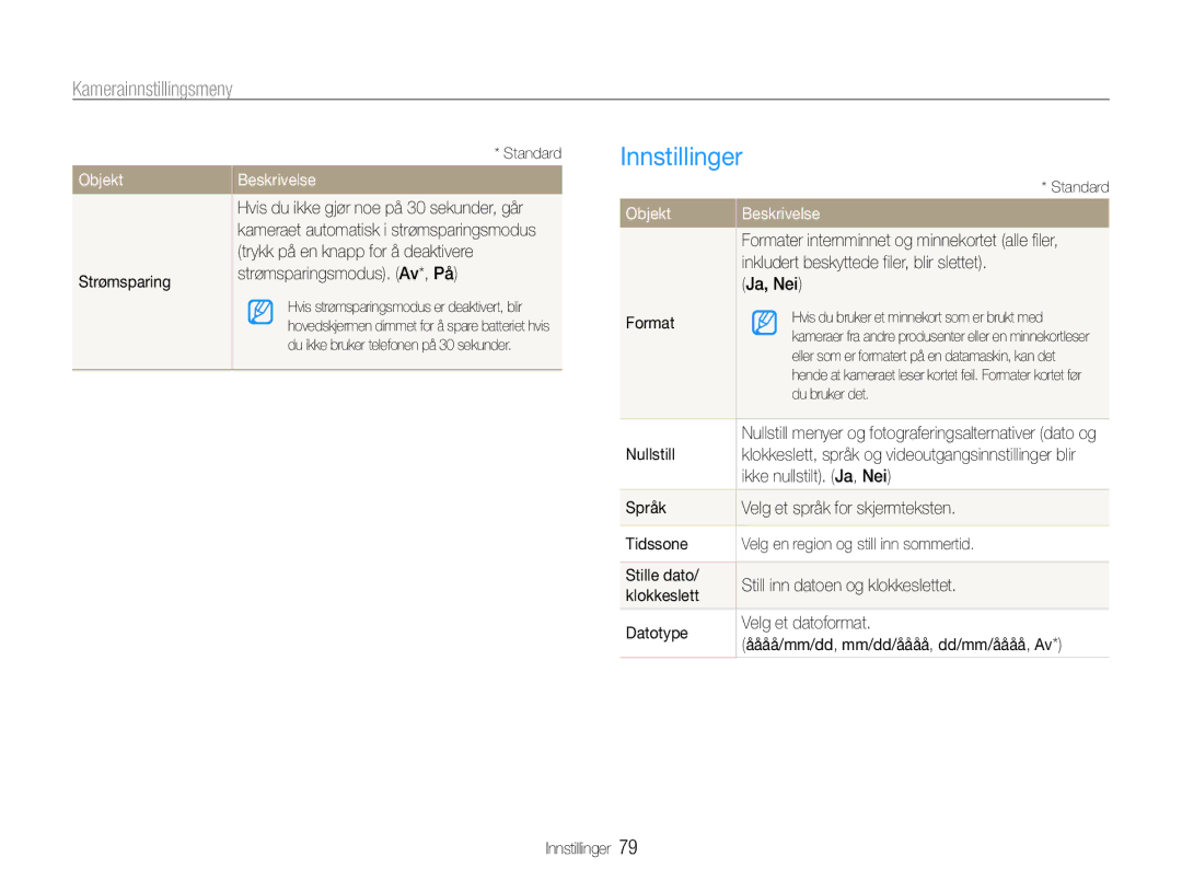 Samsung EC-ST65ZZBPRE2, EC-ST65ZZBPSE2, EC-ST65ZZBPUE2, EC-ST65ZZBPEE2 manual Innstillinger, Objekt 