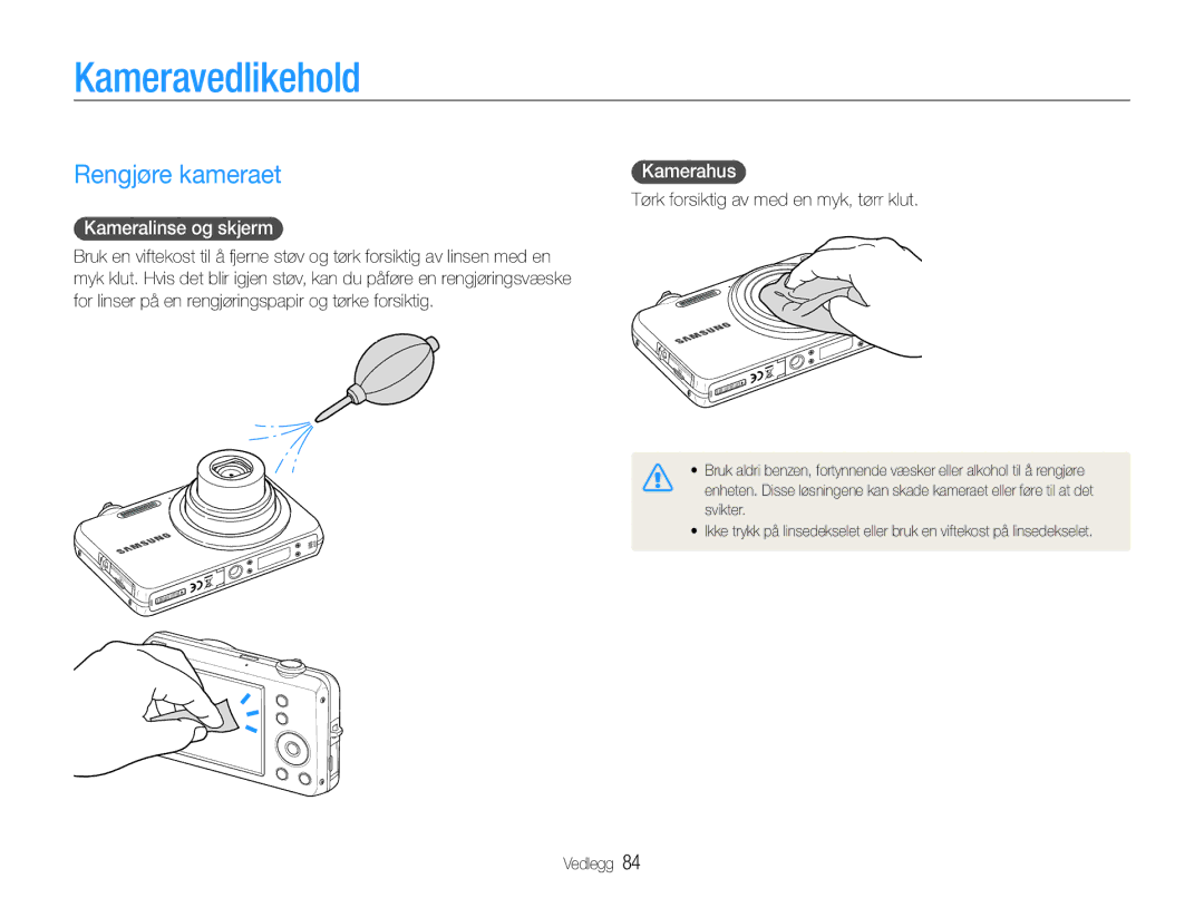 Samsung EC-ST65ZZBPSE2, EC-ST65ZZBPRE2 manual Kameravedlikehold, Rengjøre kameraet, Kameralinse og skjerm, Kamerahus 