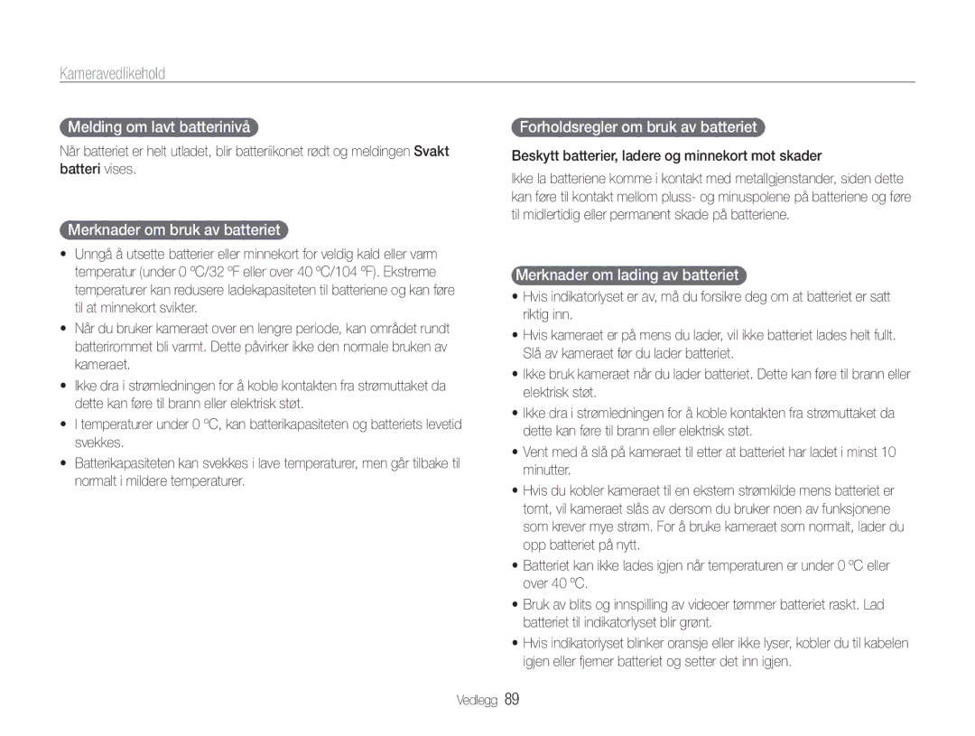 Samsung EC-ST65ZZBPUE2 Melding om lavt batterinivå, Merknader om bruk av batteriet, Forholdsregler om bruk av batteriet 