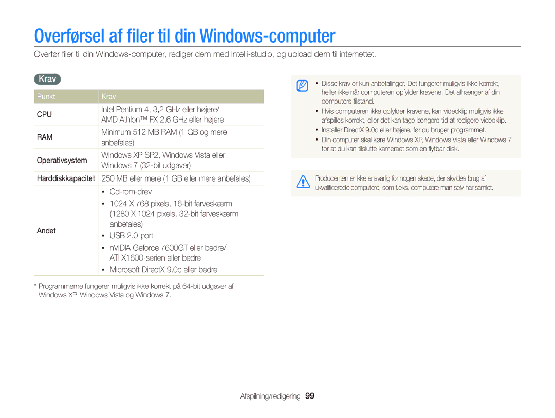 Samsung EC-ST65ZZBPRE2, EC-ST65ZZBPSE2, EC-ST65ZZBPUE2 manual Overførsel af ﬁler til din Windows-computer, Punkt Krav 