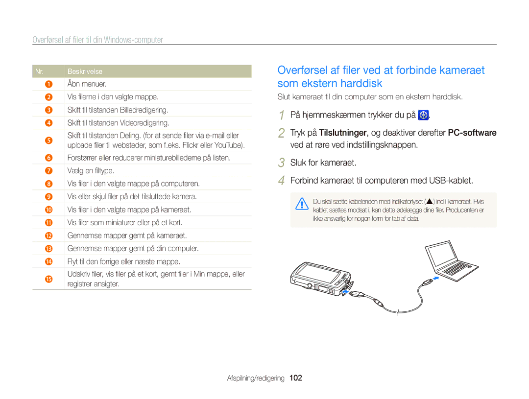 Samsung EC-ST65ZZBPEE2, EC-ST65ZZBPRE2, EC-ST65ZZBPSE2 Åbn menuer, Slut kameraet til din computer som en ekstern harddisk 