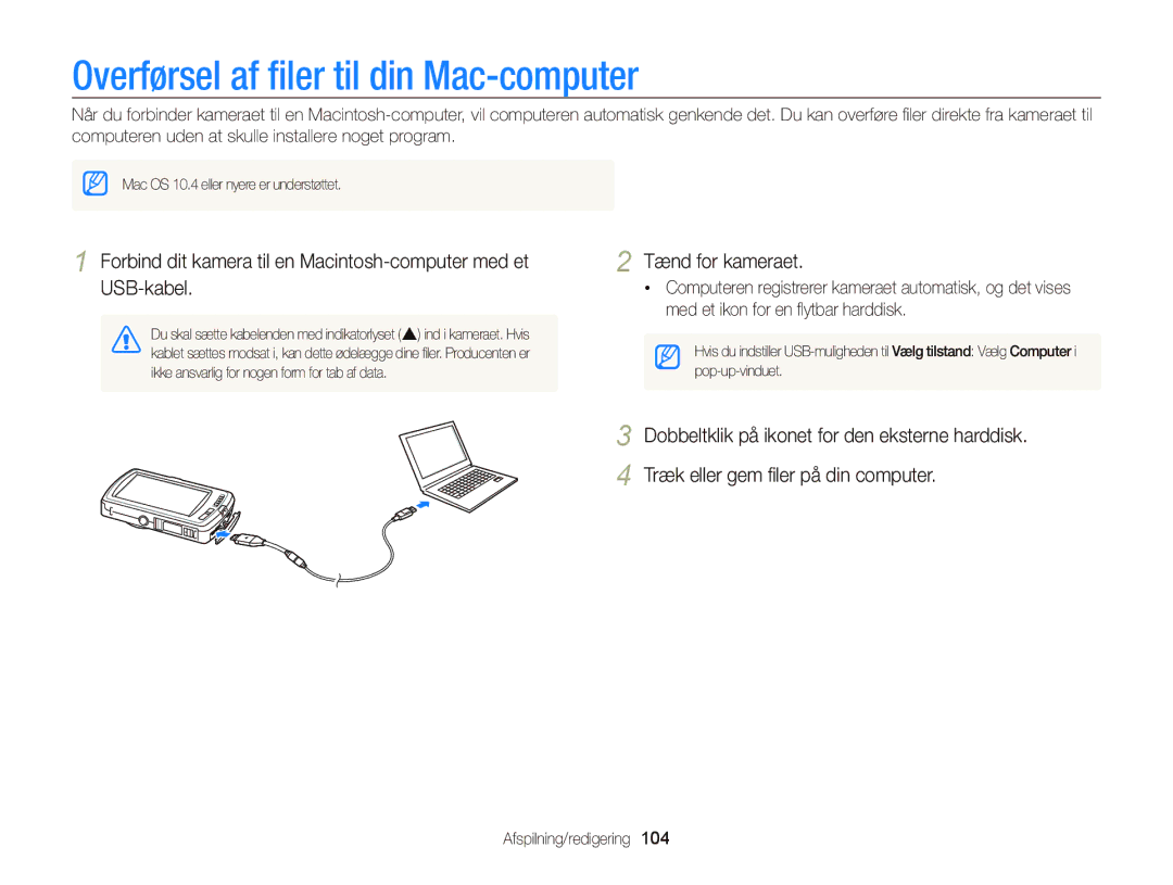 Samsung EC-ST65ZZBPSE2, EC-ST65ZZBPRE2, EC-ST65ZZBPUE2, EC-ST65ZZBPEE2 manual Overførsel af ﬁler til din Mac-computer 