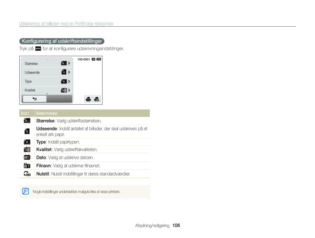 Samsung EC-ST65ZZBPEE2 manual Udskrivning af billeder med en PictBridge-fotoprinter, Konﬁgurering af udskriftsindstillinger 