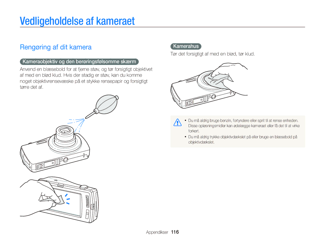 Samsung EC-ST65ZZBPSE2 Vedligeholdelse af kameraet, Rengøring af dit kamera, Kameraobjektiv og den berøringsfølsomme skærm 