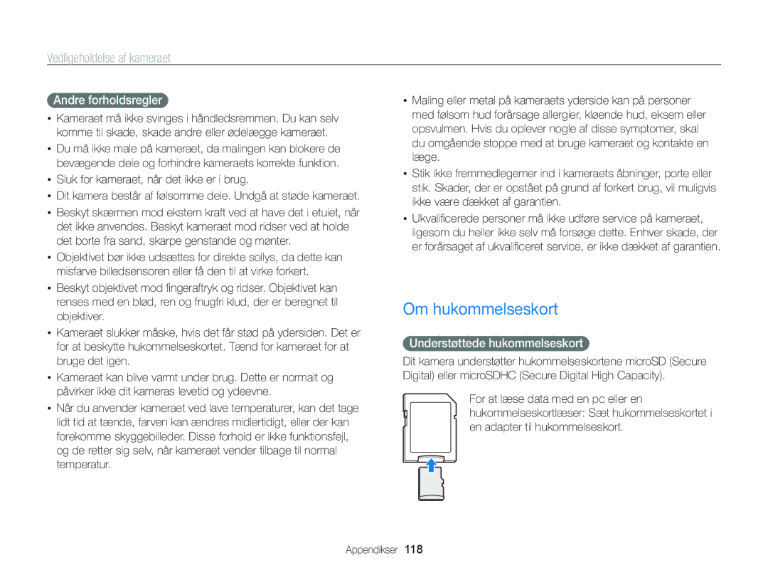 Samsung EC-ST65ZZBPEE2, EC-ST65ZZBPRE2 manual Om hukommelseskort, Andre forholdsregler, Understøttede hukommelseskort 