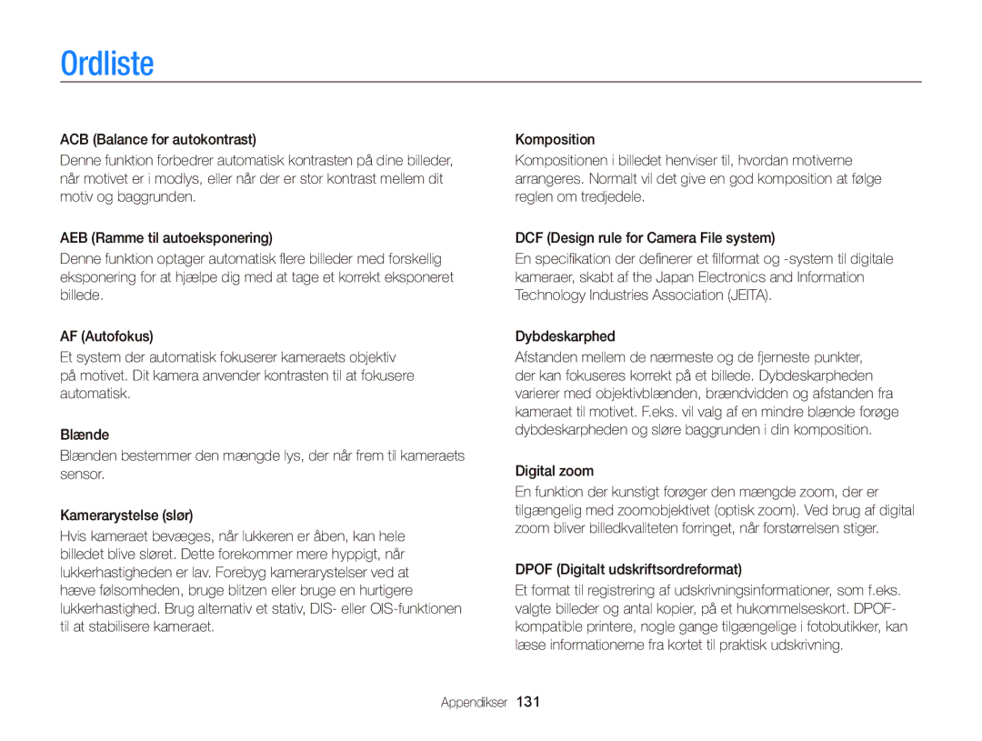 Samsung EC-ST65ZZBPRE2, EC-ST65ZZBPSE2, EC-ST65ZZBPUE2, EC-ST65ZZBPEE2 manual Ordliste, Dpof Digitalt udskriftsordreformat 