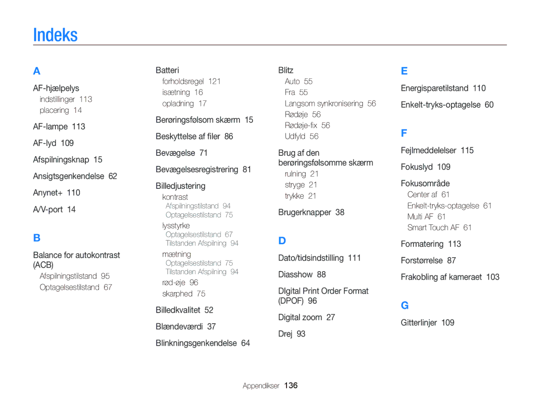 Samsung EC-ST65ZZBPSE2 Indeks, Indstillinger 113 placering, Forholdsregel 121 isætning 16 opladning, Rød-øje 96 skarphed 