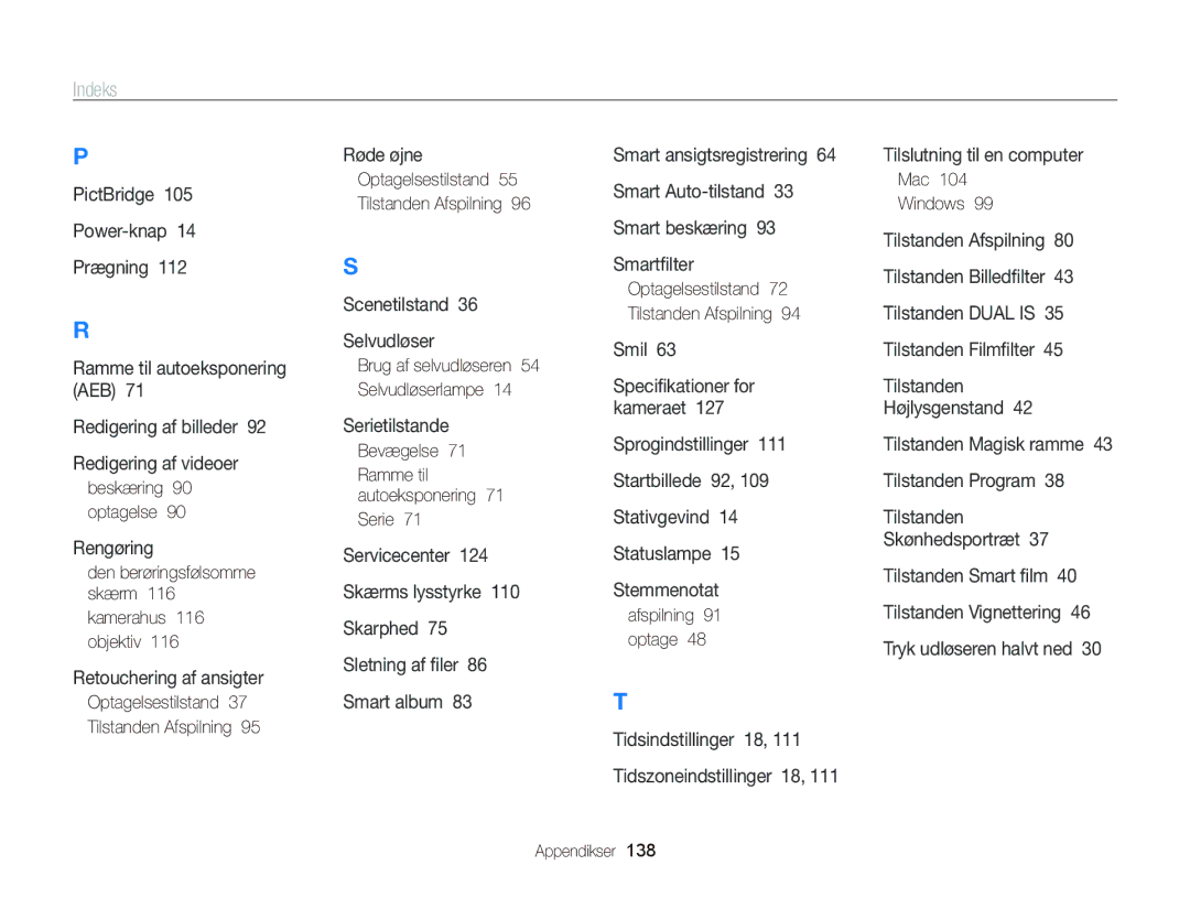 Samsung EC-ST65ZZBPEE2, EC-ST65ZZBPRE2 manual Beskæring 90 optagelse, Bevægelse 71 Ramme til autoeksponering 71 Serie 