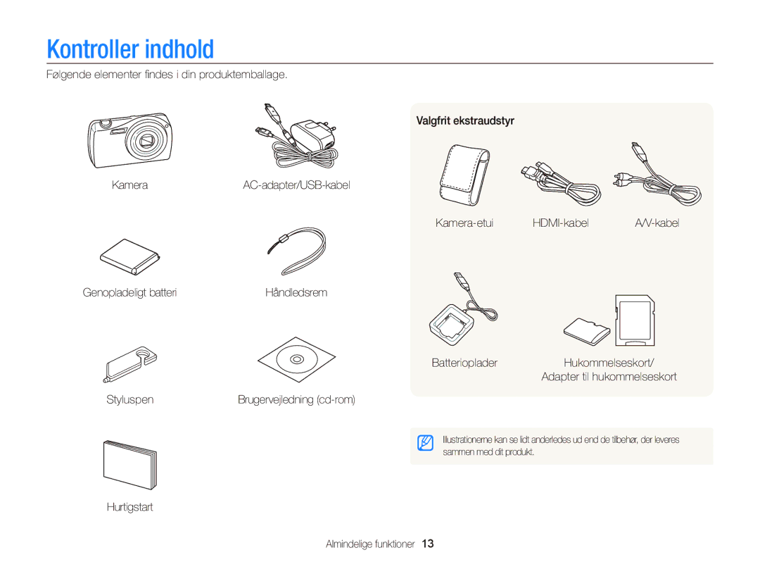 Samsung EC-ST65ZZBPUE2, EC-ST65ZZBPRE2, EC-ST65ZZBPSE2 manual Kontroller indhold, Hurtigstart Almindelige funktioner 