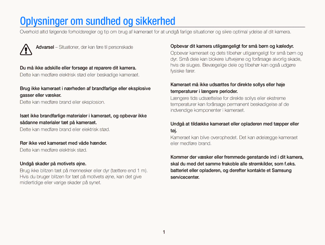 Samsung EC-ST65ZZBPUE2, EC-ST65ZZBPRE2, EC-ST65ZZBPSE2, EC-ST65ZZBPEE2 manual Oplysninger om sundhed og sikkerhed 