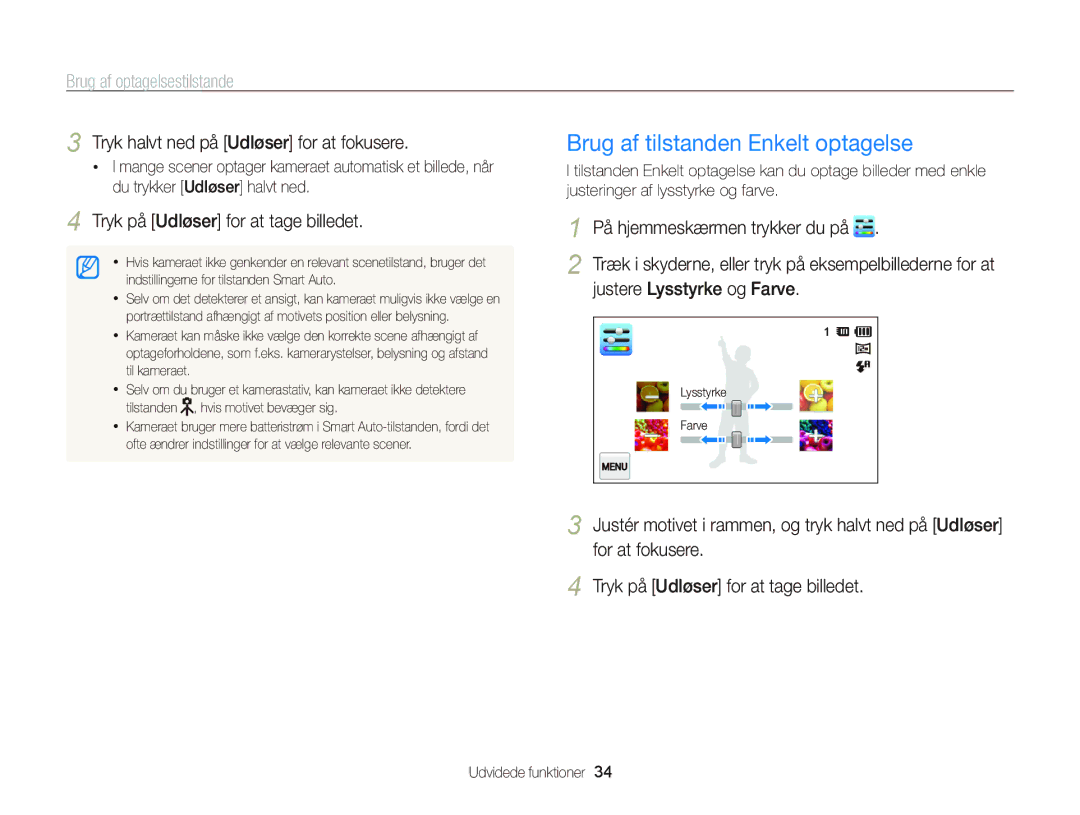 Samsung EC-ST65ZZBPEE2 manual Brug af tilstanden Enkelt optagelse, Brug af optagelsestilstande, Justere Lysstyrke og Farve 