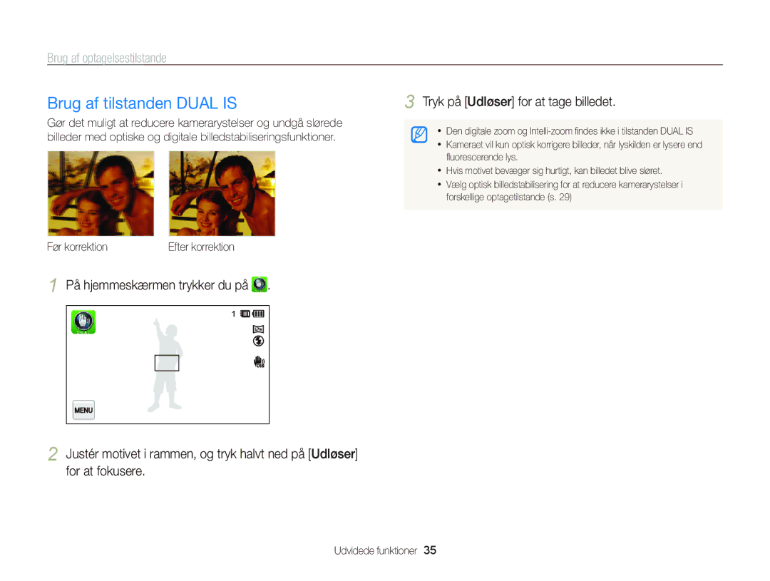 Samsung EC-ST65ZZBPRE2, EC-ST65ZZBPSE2, EC-ST65ZZBPUE2, EC-ST65ZZBPEE2 manual Brug af tilstanden Dual is, Før korrektion 