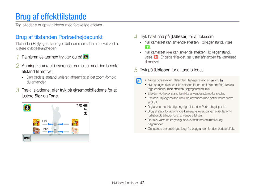 Samsung EC-ST65ZZBPEE2, EC-ST65ZZBPRE2 Brug af effekttilstande, Brug af tilstanden Portræthøjdepunkt, Afstand til motivet 