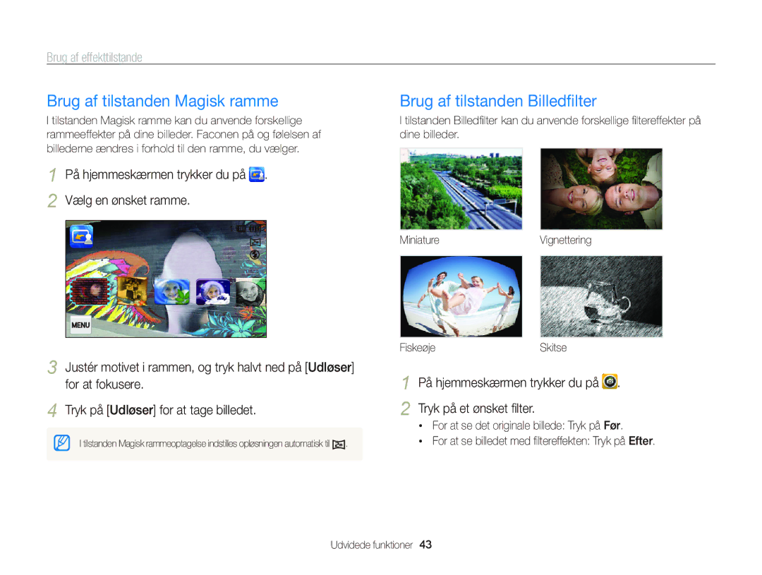 Samsung EC-ST65ZZBPRE2 manual Brug af tilstanden Magisk ramme, Brug af tilstanden Billedﬁlter, Brug af effekttilstande 