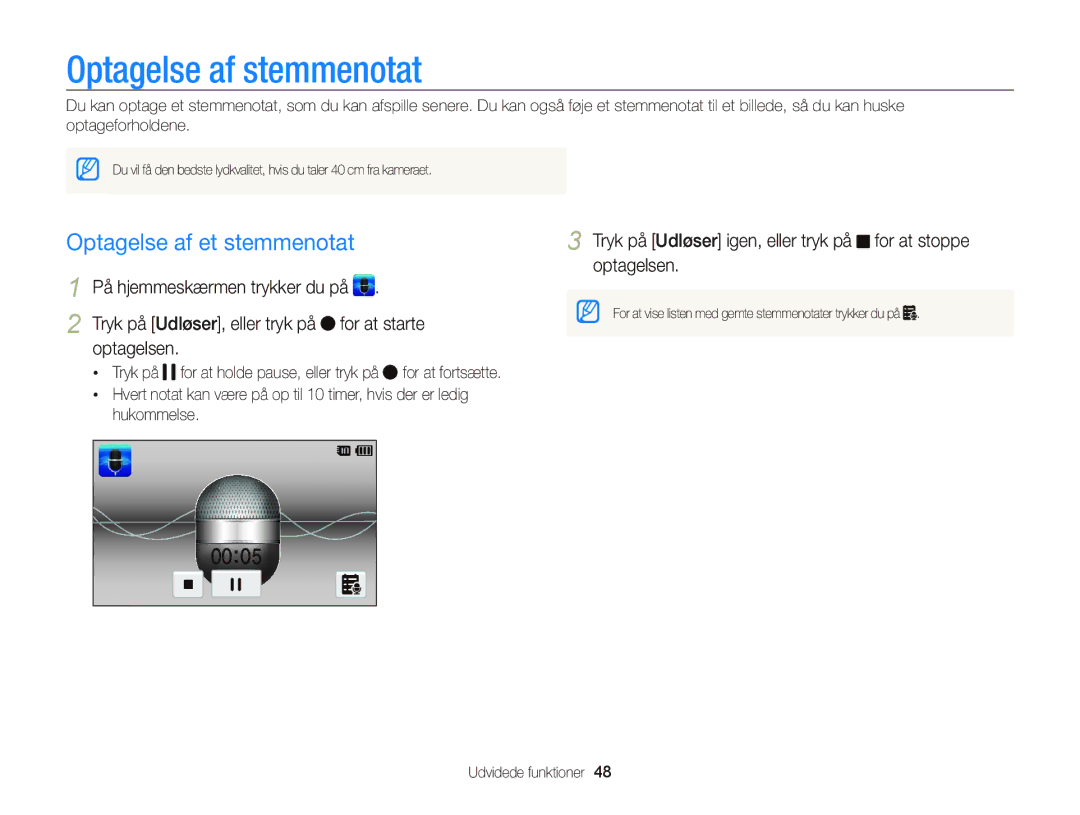 Samsung EC-ST65ZZBPSE2 Optagelse af stemmenotat, Optagelse af et stemmenotat, Tryk på Udløser, eller tryk på for at starte 