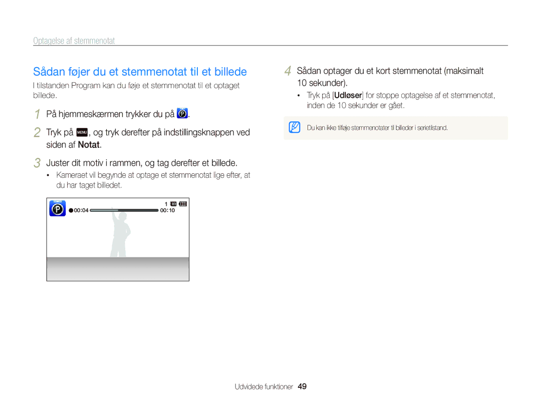 Samsung EC-ST65ZZBPUE2 manual Sådan føjer du et stemmenotat til et billede, Optagelse af stemmenotat, Siden af Notat 