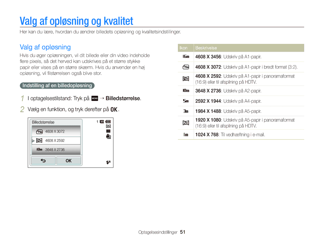 Samsung EC-ST65ZZBPRE2, EC-ST65ZZBPSE2, EC-ST65ZZBPUE2 Valg af opløsning og kvalitet, Indstilling af en billedopløsning 