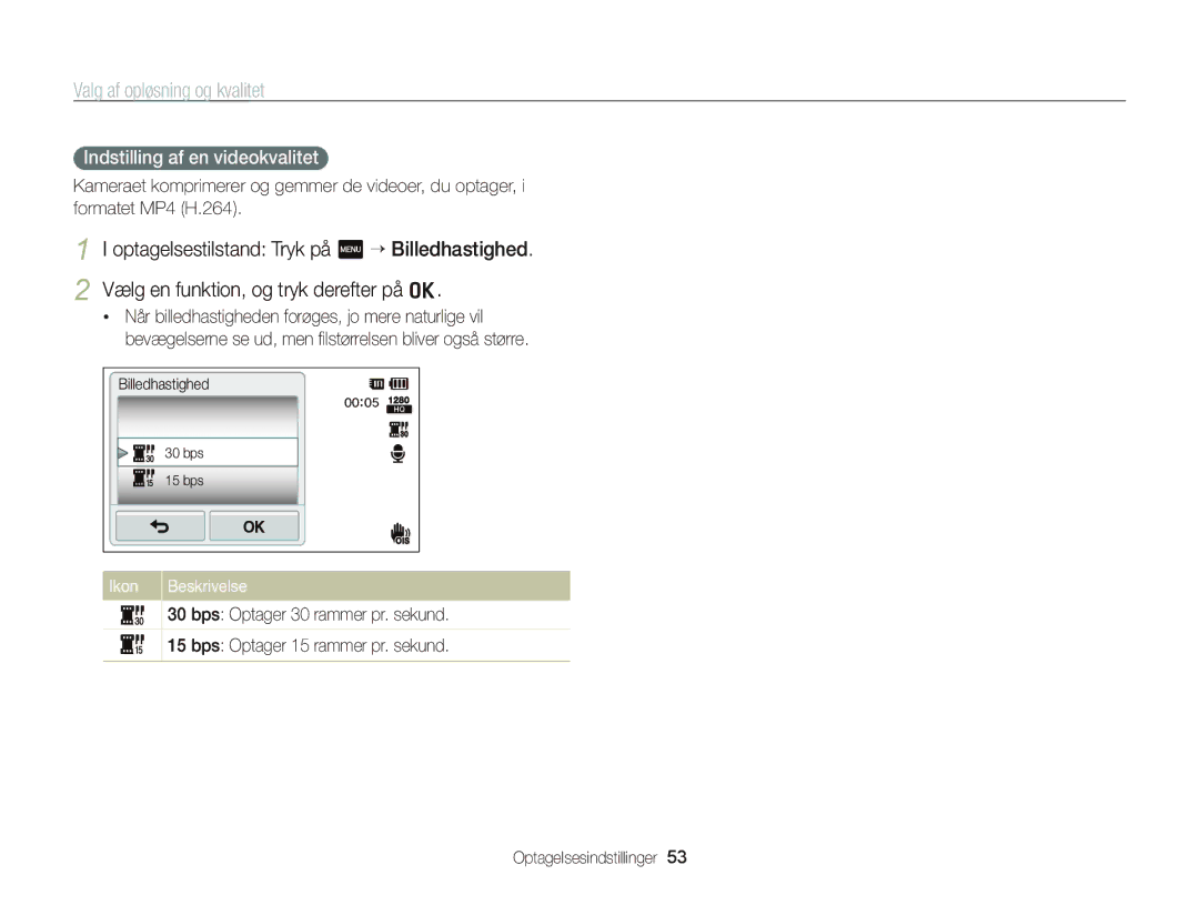 Samsung EC-ST65ZZBPUE2, EC-ST65ZZBPRE2, EC-ST65ZZBPSE2, EC-ST65ZZBPEE2 manual Indstilling af en videokvalitet 