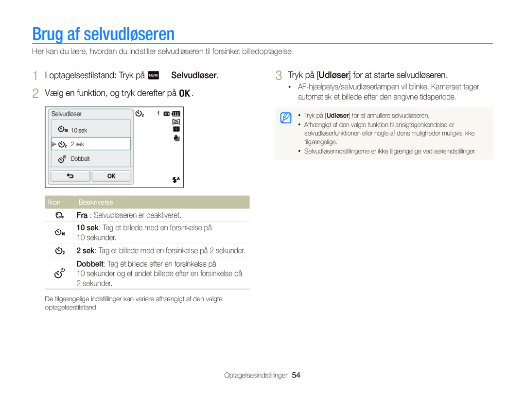 Samsung EC-ST65ZZBPEE2, EC-ST65ZZBPRE2, EC-ST65ZZBPSE2 Brug af selvudløseren, Tryk på Udløser for at starte selvudløseren 