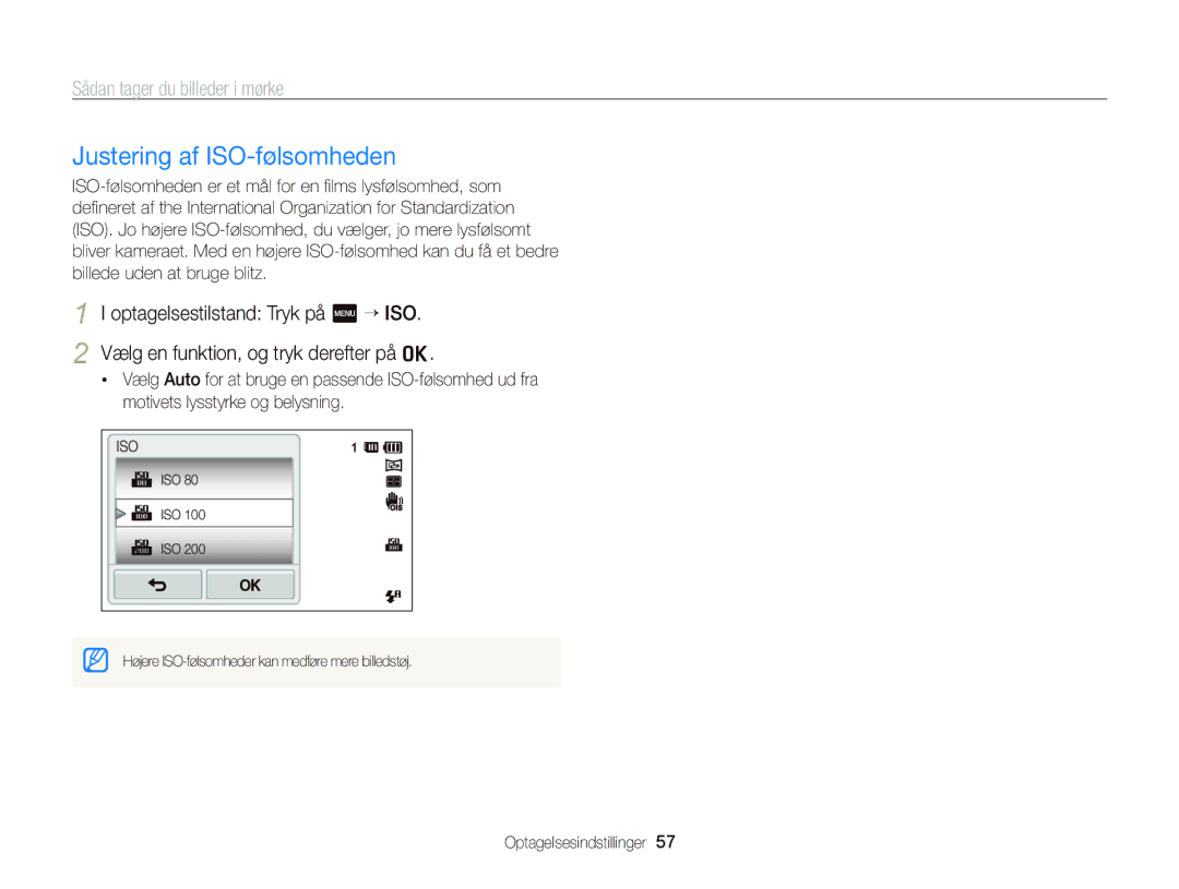 Samsung EC-ST65ZZBPUE2, EC-ST65ZZBPRE2, EC-ST65ZZBPSE2, EC-ST65ZZBPEE2 manual Justering af ISO-følsomheden 