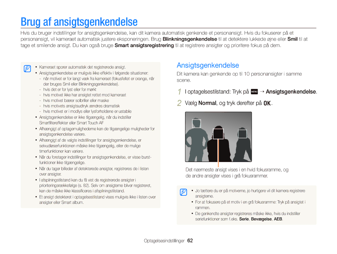 Samsung EC-ST65ZZBPEE2, EC-ST65ZZBPRE2, EC-ST65ZZBPSE2, EC-ST65ZZBPUE2 manual Brug af ansigtsgenkendelse, Ansigtsgenkendelse 