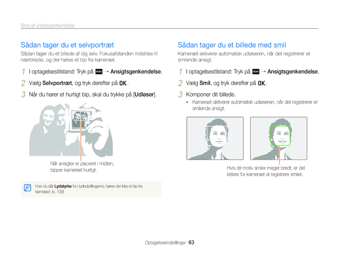 Samsung EC-ST65ZZBPRE2 manual Sådan tager du et selvportræt, Sådan tager du et billede med smil, Brug af ansigtsgenkendelse 