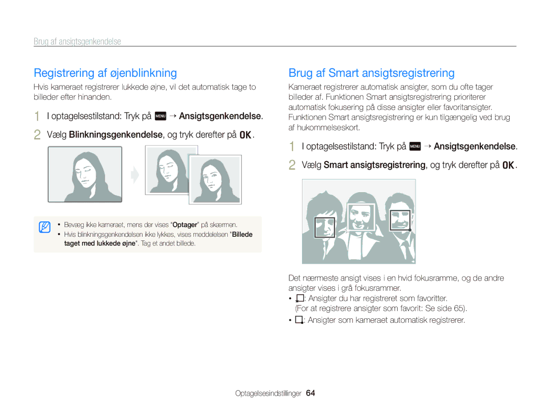 Samsung EC-ST65ZZBPSE2, EC-ST65ZZBPRE2, EC-ST65ZZBPUE2 Registrering af øjenblinkning, Brug af Smart ansigtsregistrering 