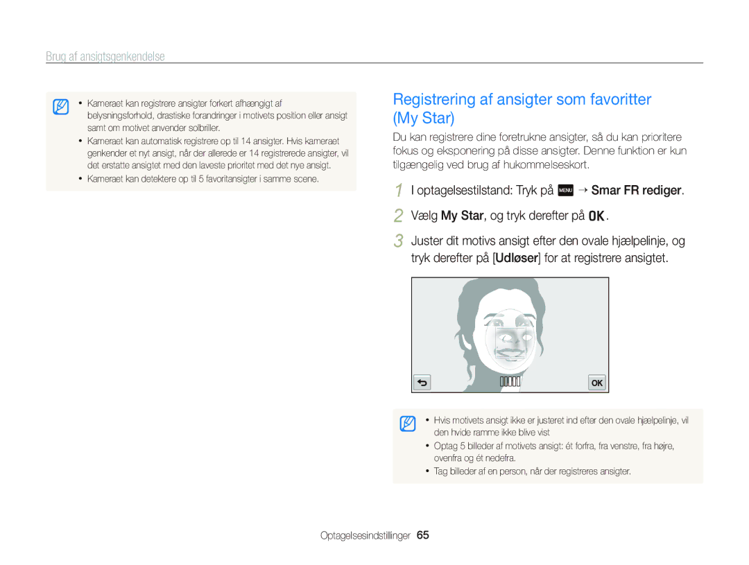 Samsung EC-ST65ZZBPUE2, EC-ST65ZZBPRE2, EC-ST65ZZBPSE2, EC-ST65ZZBPEE2 manual Registrering af ansigter som favoritter My Star 