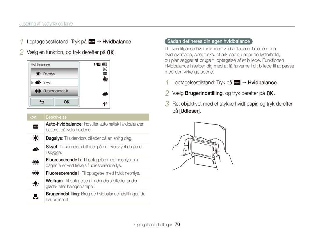 Samsung EC-ST65ZZBPEE2, EC-ST65ZZBPRE2, EC-ST65ZZBPSE2, EC-ST65ZZBPUE2 manual Sådan deﬁneres din egen hvidbalance 