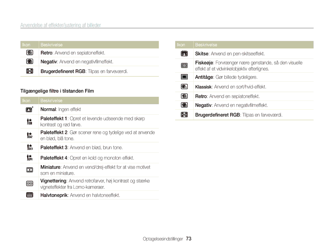 Samsung EC-ST65ZZBPUE2, EC-ST65ZZBPRE2, EC-ST65ZZBPSE2, EC-ST65ZZBPEE2 manual Anvendelse af effekter/justering af billeder 