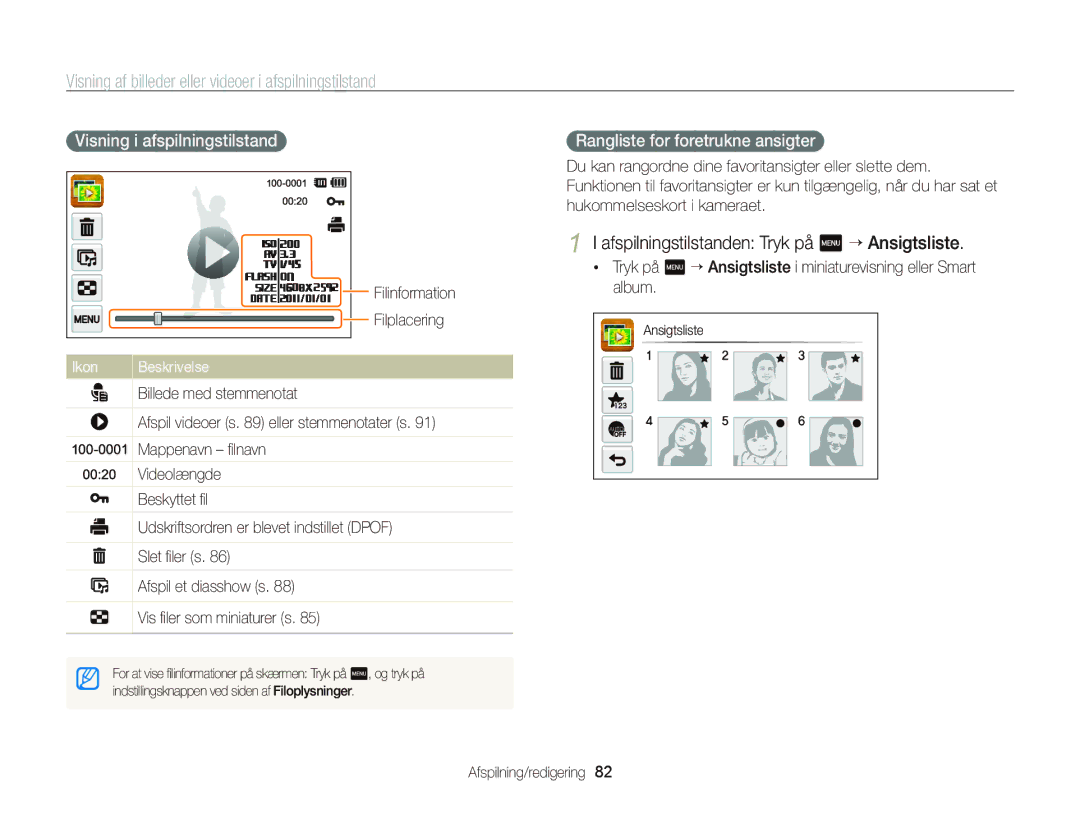 Samsung EC-ST65ZZBPEE2, EC-ST65ZZBPRE2 manual Afspilningstilstanden Tryk på m “ Ansigtsliste, Visning i afspilningstilstand 