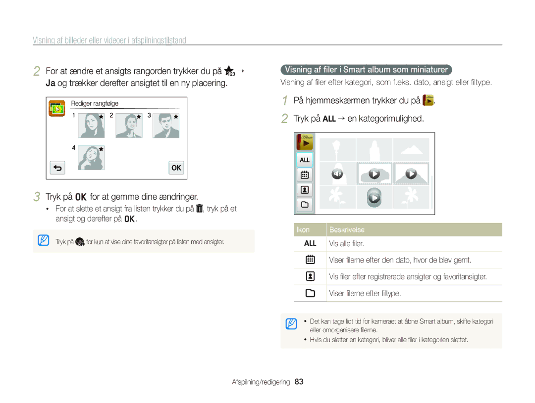 Samsung EC-ST65ZZBPRE2 manual Visning af ﬁler i Smart album som miniaturer, Vis alle ﬁler, Viser ﬁlerne efter ﬁltype 