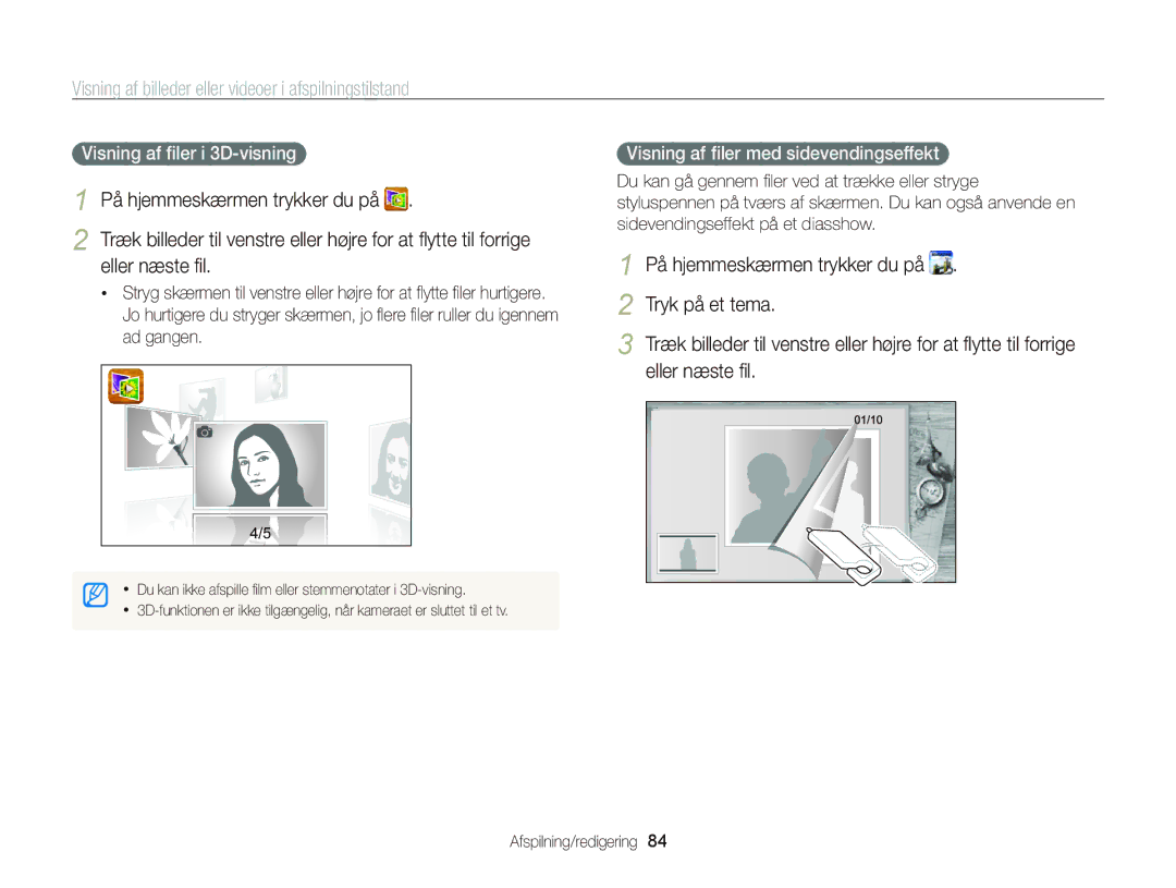 Samsung EC-ST65ZZBPSE2, EC-ST65ZZBPRE2, EC-ST65ZZBPUE2 manual Eller næste ﬁl, Tryk på et tema, Visning af ﬁler i 3D-visning 